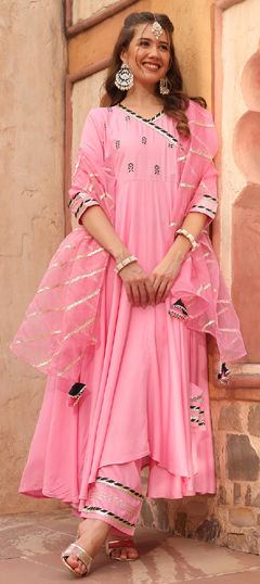 Pink and Majenta color Salwar Kameez in Rayon fabric with Gota Patti, Lace work