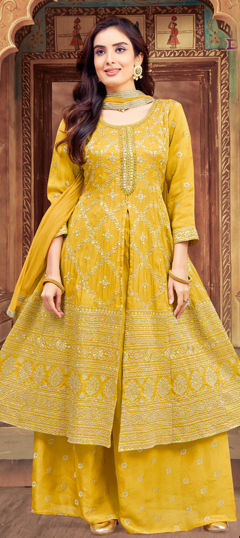 Yellow color Salwar Kameez in Silk fabric with Embroidered, Thread, Zari work