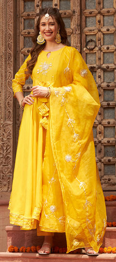 Yellow color Salwar Kameez in Rayon fabric with Gota Patti, Lace work