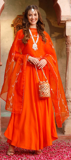 Orange color Salwar Kameez in Rayon fabric with Gota Patti, Lace work