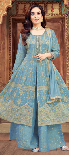 Blue color Salwar Kameez in Silk fabric with Embroidered, Thread, Zari work