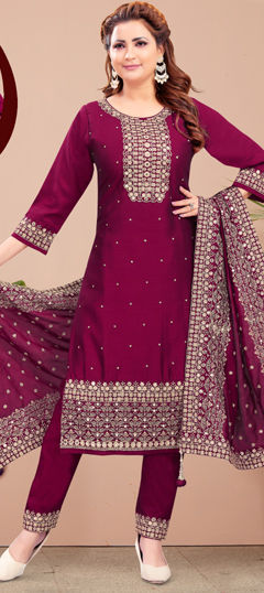 Red and Maroon color Salwar Kameez in Silk fabric with Embroidered, Sequence, Thread work