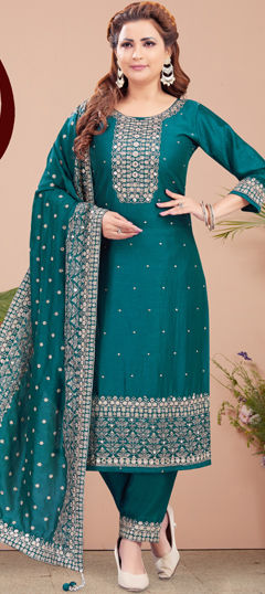 Blue color Salwar Kameez in Silk fabric with Embroidered, Sequence, Thread work