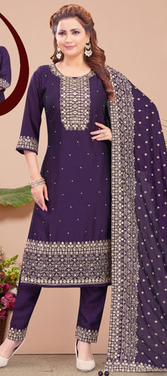 Purple and Violet color Salwar Kameez in Silk fabric with Embroidered, Sequence, Thread work