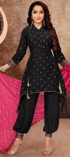 Black and Grey color Salwar Kameez in Silk fabric with Embroidered, Sequence, Thread work