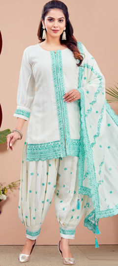 White and Off White color Salwar Kameez in Silk fabric with Embroidered, Sequence, Thread work