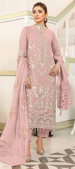Pink and Majenta color Salwar Kameez in Faux Georgette fabric with Embroidered, Sequence, Thread work