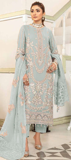 Black and Grey color Salwar Kameez in Faux Georgette fabric with Embroidered, Sequence, Thread work