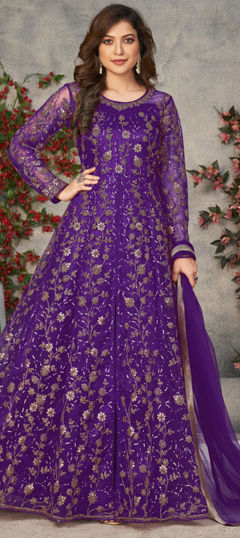 Purple and Violet color Salwar Kameez in Net fabric with Embroidered, Sequence, Thread work