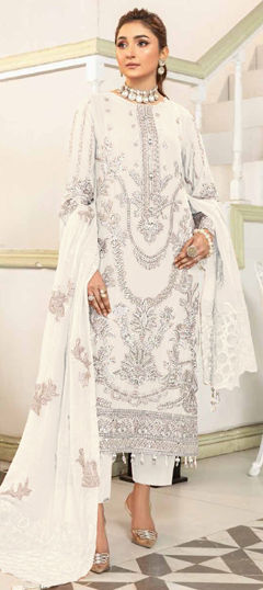 White and Off White color Salwar Kameez in Faux Georgette fabric with Embroidered, Sequence, Thread work