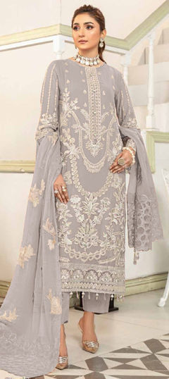 Beige and Brown color Salwar Kameez in Faux Georgette fabric with Embroidered, Sequence, Thread work