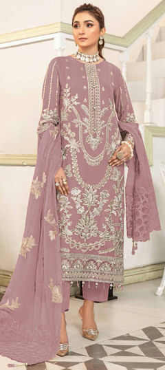 Pink and Majenta color Salwar Kameez in Faux Georgette fabric with Embroidered, Sequence, Thread work