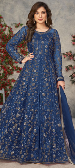 Blue color Salwar Kameez in Net fabric with Embroidered, Sequence, Thread work