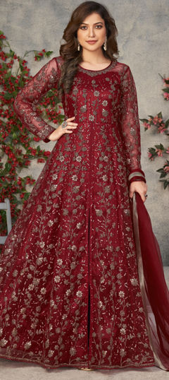 Red and Maroon color Salwar Kameez in Net fabric with Embroidered, Sequence, Thread work