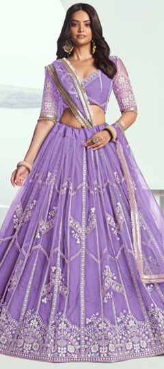 Purple and Violet color Lehenga in Net fabric with Embroidered, Sequence, Thread, Zari work