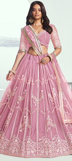 Pink and Majenta color Lehenga in Net fabric with Embroidered, Sequence, Thread, Zari work