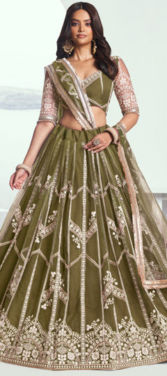 Green color Lehenga in Net fabric with Embroidered, Sequence, Thread, Zari work