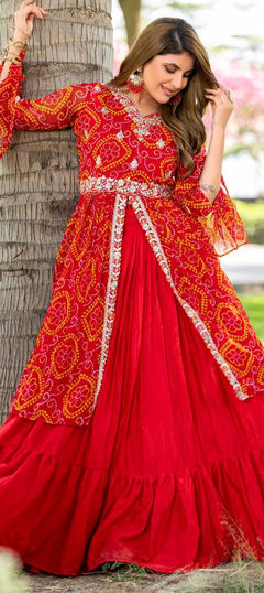 Red and Maroon color Long Lehenga Choli in Chinon Silk fabric with Embroidered, Thread work