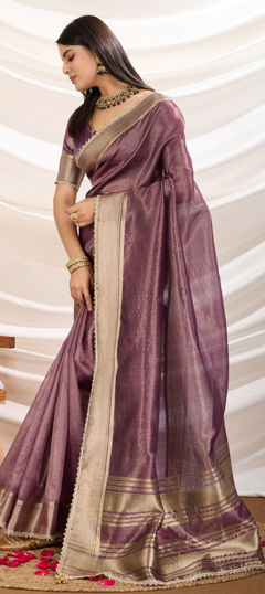 Pink and Majenta color Saree in Tissue fabric with Lace, Weaving, Zari work