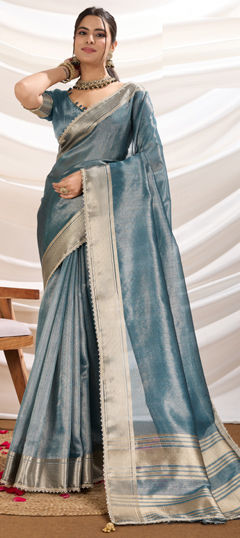 Blue color Saree in Tissue fabric with Lace, Weaving, Zari work