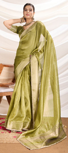 Green color Saree in Tissue fabric with Lace, Weaving, Zari work