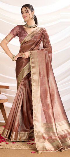 Beige and Brown color Saree in Tissue fabric with Lace, Weaving, Zari work