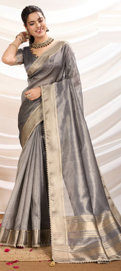 Black and Grey color Saree in Tissue fabric with Lace, Weaving, Zari work