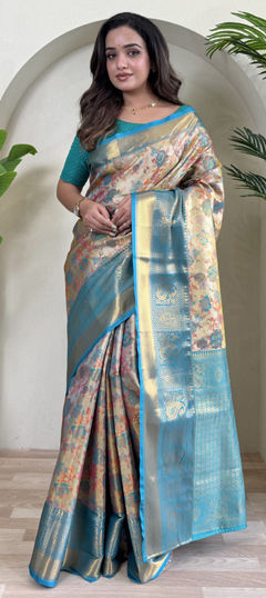 Beige and Brown, Blue color Saree in Kanchipuram Silk fabric with Weaving, Zari work
