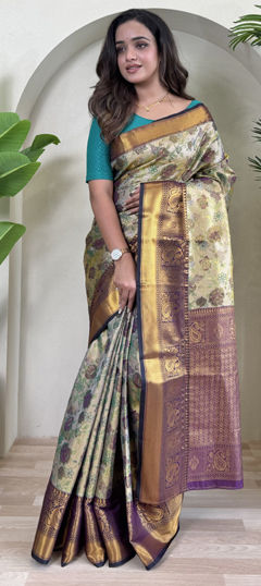 Beige and Brown color Saree in Kanchipuram Silk fabric with Weaving, Zari work