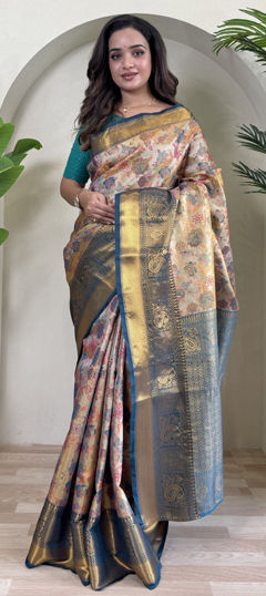 Beige and Brown color Saree in Kanchipuram Silk fabric with Weaving, Zari work
