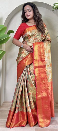 Beige and Brown color Saree in Kanchipuram Silk fabric with Weaving, Zari work