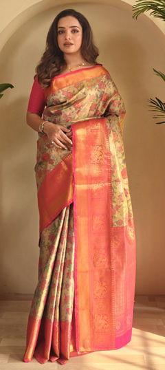 Beige and Brown color Saree in Kanchipuram Silk fabric with Weaving, Zari work