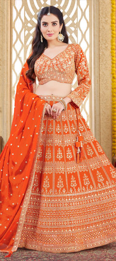 Orange color Ready to Wear Lehenga in Georgette fabric with Embroidered, Thread, Zari work