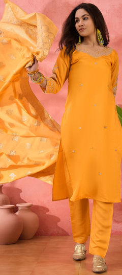 Yellow color Salwar Kameez in Art Silk fabric with Embroidered, Thread, Weaving work