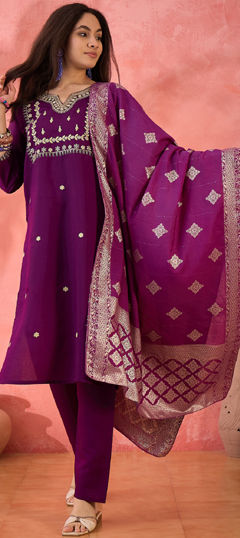 Purple and Violet color Salwar Kameez in Art Silk fabric with Embroidered, Thread, Weaving work