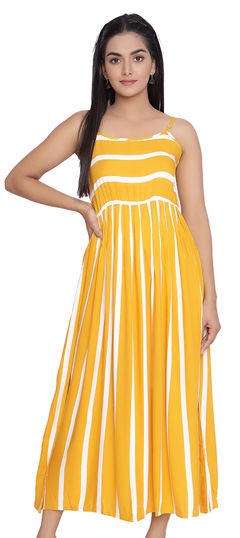 Yellow color Dress in Rayon fabric with Printed work