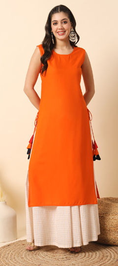 Orange color Kurti in Rayon fabric with Thread work