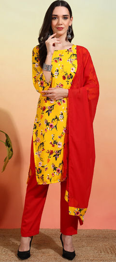 Red and Maroon, Yellow color Salwar Kameez in Crepe Silk fabric with Floral, Printed work