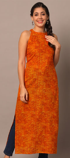 Yellow color Kurti in Cotton fabric with Bandhej, Printed work