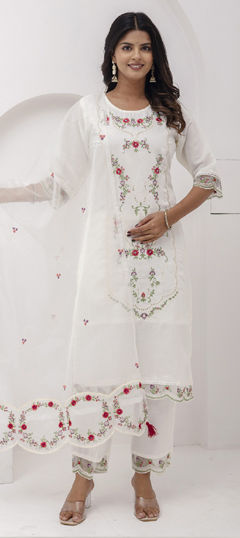 White and Off White color Salwar Kameez in Viscose fabric with Embroidered, Resham, Thread work