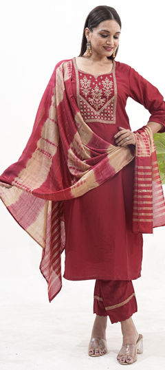 Red and Maroon color Salwar Kameez in Art Silk fabric with Embroidered, Sequence work