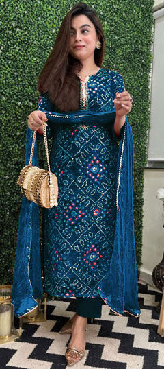 Blue color Salwar Kameez in Rayon fabric with Bandhej, Embroidered, Printed work