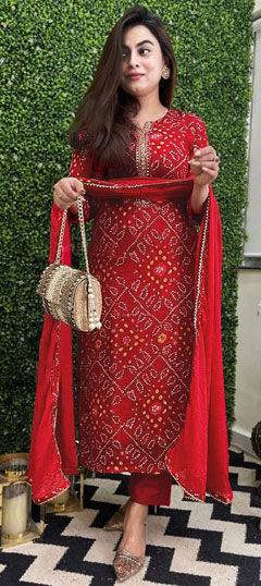 Red and Maroon color Salwar Kameez in Rayon fabric with Bandhej, Embroidered, Printed work