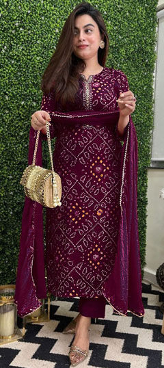 Purple and Violet color Salwar Kameez in Rayon fabric with Bandhej, Embroidered, Printed work