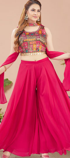Pink and Majenta color Salwar Kameez in Silk fabric with Mirror, Printed work