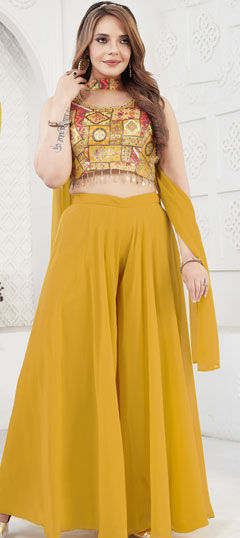 Yellow color Salwar Kameez in Silk fabric with Printed, Stone work