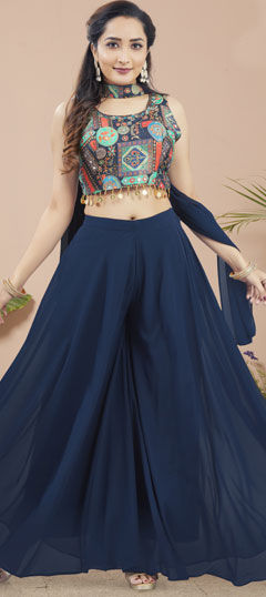 Blue color Salwar Kameez in Silk fabric with Mirror, Printed work