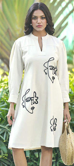 White and Off White color Dress in Cotton fabric with Printed work