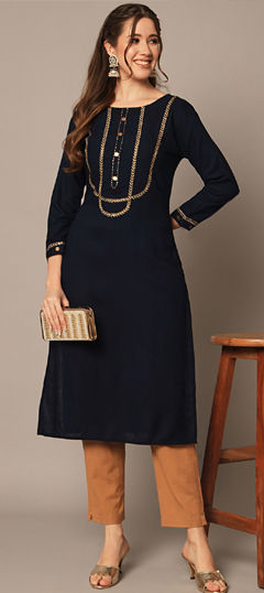 Blue color Salwar Kameez in Rayon fabric with Printed work