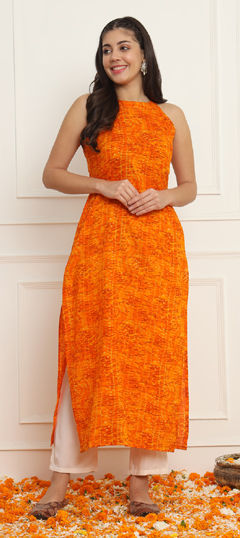 Orange color Salwar Kameez in Cotton fabric with Bandhej, Printed work